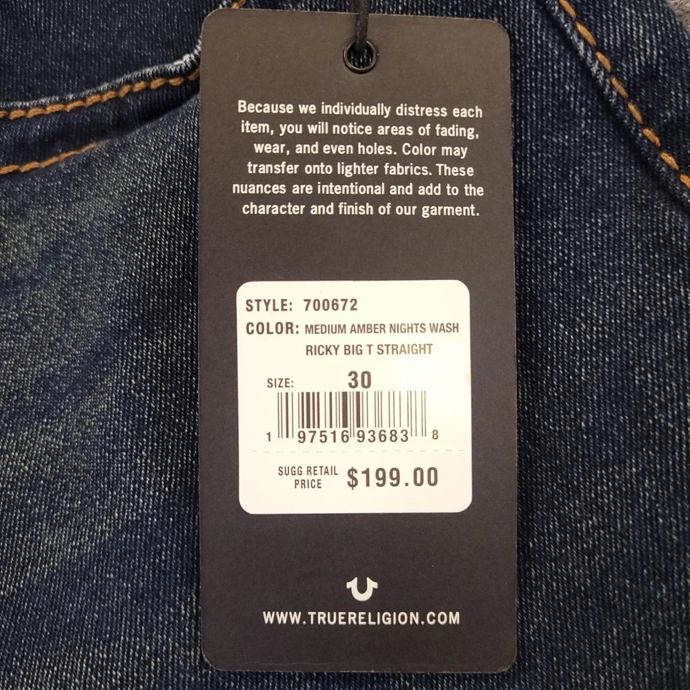 NWT True Religion Ricky Big T Relaxed Straight 30x34 Mid Rise Stretch $199 MSRP‎